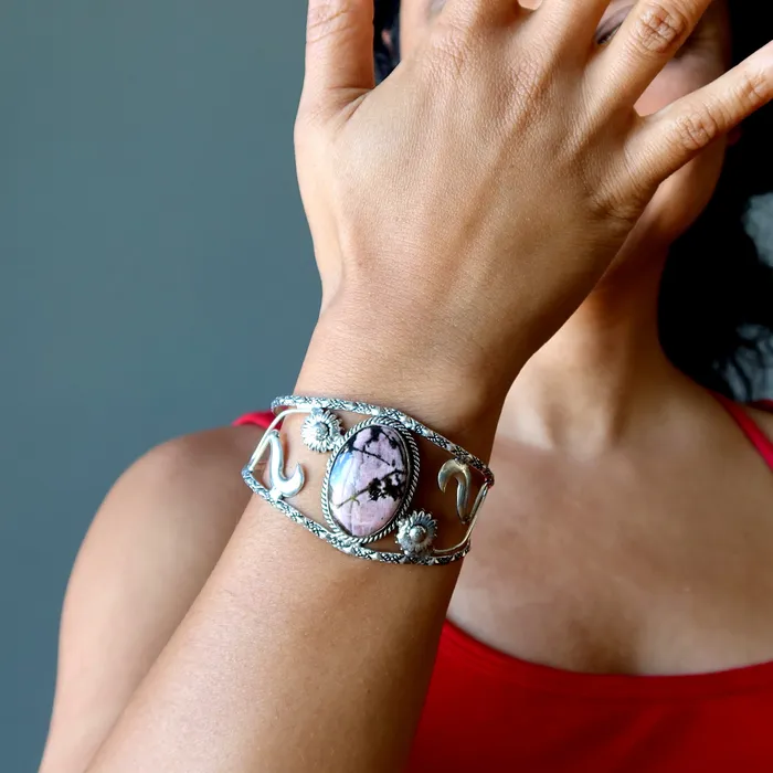 Bracelets Satin Crystals Rhodonite Bracelet Cuff Pink Flowers Sterling Silver