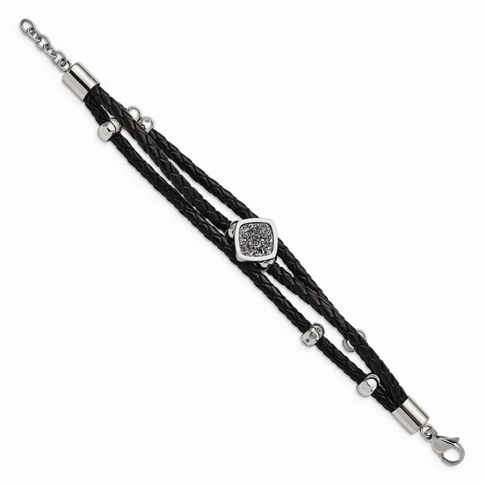 Chisel Bracelets Stainless Steel Polished wDruzy and Crystal Leather w75in ext Bracelet Chisel Bracelets Stainless Steel Polished wDruzy and Crystal Leather w75in ext Bracelet