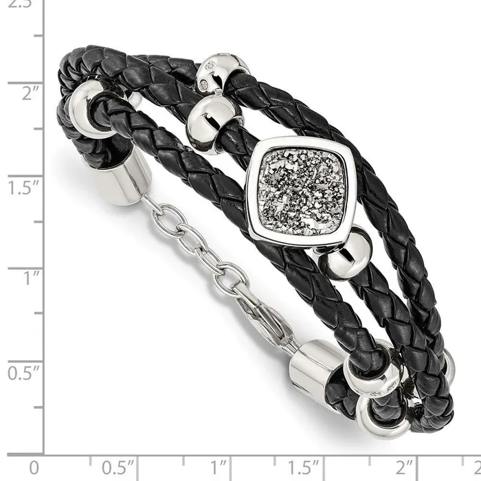 Chisel Bracelets Stainless Steel Polished wDruzy and Crystal Leather w75in ext Bracelet Chisel Bracelets Stainless Steel Polished wDruzy and Crystal Leather w75in ext Bracelet
