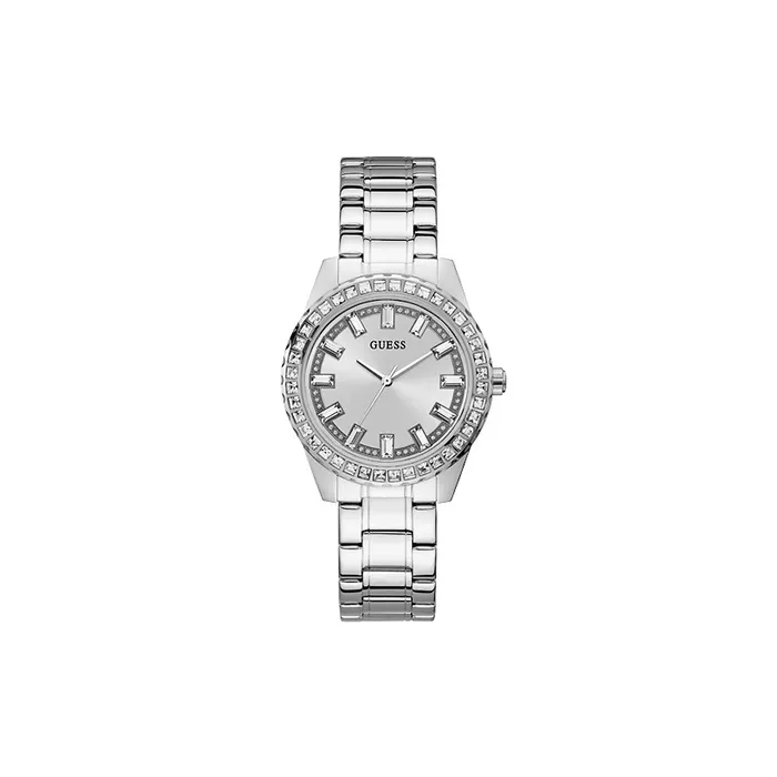 Guess Ladies Quartz Watch Full Silver Plated Steel Case Bracelet With Silver Sun Ray Dial Guess Bracelets Guess Ladies Quartz Watch Full Silver Plated Steel Case Bracelet With Silver Sun Ray Dial Guess Bracelets