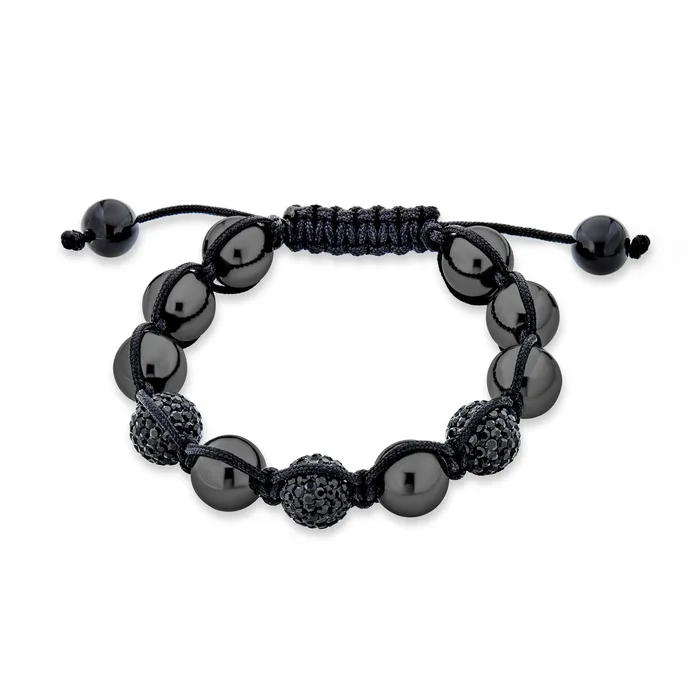 BlingJewelry Wholesale Bracelets Black Navy Blue Gold Tone Bead Strand Bracelet with Pave Crystal Ball for Men
