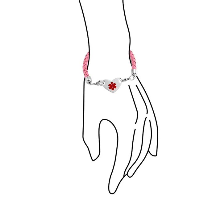 BlingJewelry Wholesale Bracelets Pink Braided Leather Medical ID Bracelet with Stainless Steel Clasp