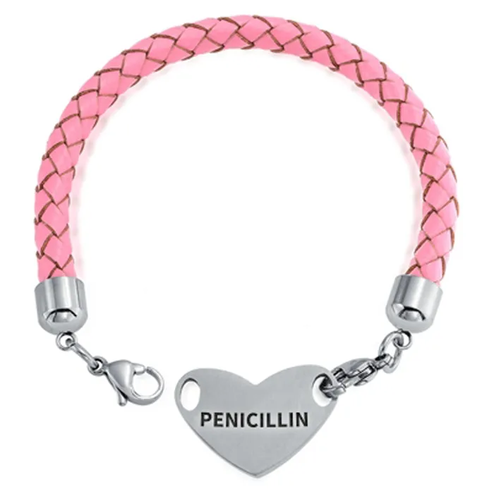 BlingJewelry Wholesale Bracelets Pink Braided Leather Medical ID Bracelet with Stainless Steel Clasp