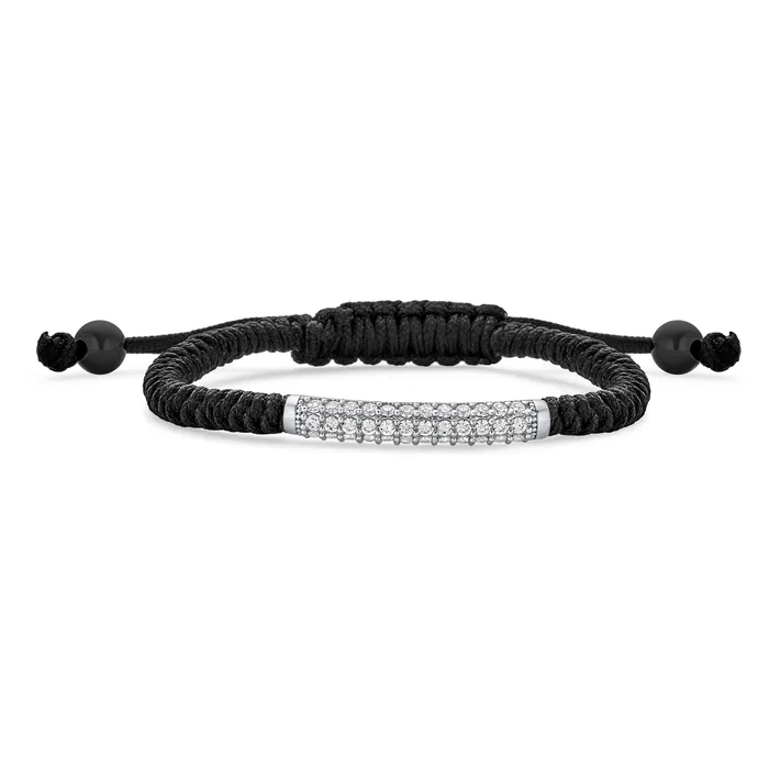 BlingJewelry Wholesale Stackable Strand Bracelet with Curved Bar Black Cord and CZ Pave Silver Bracelets BlingJewelry Wholesale Stackable Strand Bracelet with Curved Bar Black Cord and CZ Pave Silver Bracelets