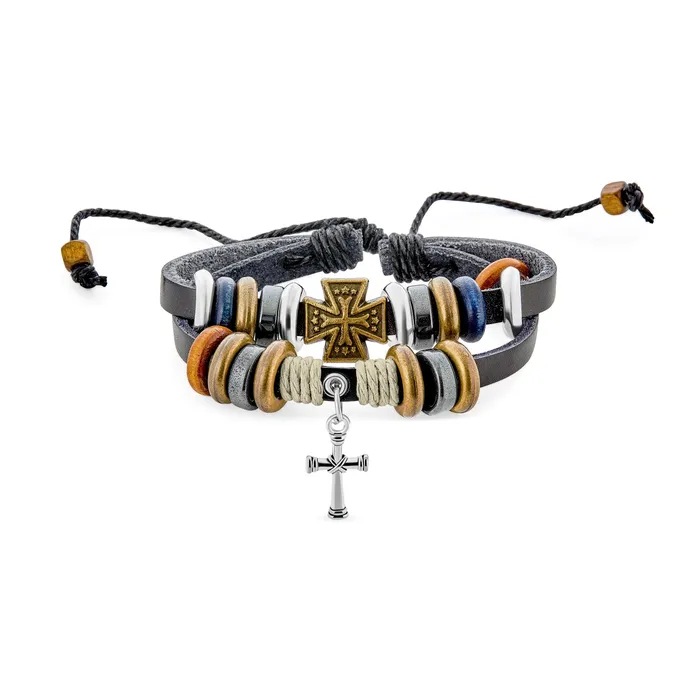 Bracelets Retro Boho Leather Wrap Bracelet with Wood Beads Maltese Cross Charm for Men BlingJewelry Wholesale Bracelets Retro Boho Leather Wrap Bracelet with Wood Beads Maltese Cross Charm for Men BlingJewelry Wholesale