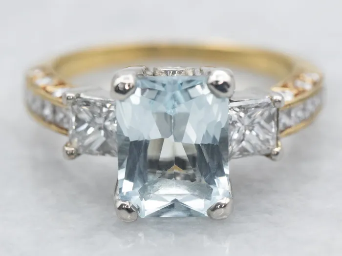 Market Square Jewelers Rings Mixed Metal Yellow Gold and Platinum Blue Topaz Ring with Diamond Accents