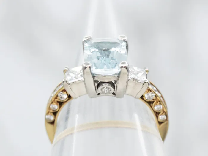 Market Square Jewelers Rings Mixed Metal Yellow Gold and Platinum Blue Topaz Ring with Diamond Accents