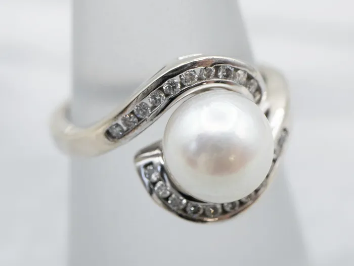 Rings MSJ Office Vintage Pearl and Diamond Bypass Ring Rings MSJ Office Vintage Pearl and Diamond Bypass Ring