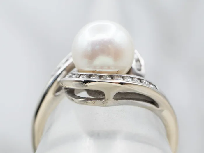 Rings MSJ Office Vintage Pearl and Diamond Bypass Ring Rings MSJ Office Vintage Pearl and Diamond Bypass Ring