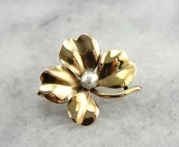 Shamrock and Natural Pearl Pin in Polished Gold Market Square Jewelers Earrings Shamrock and Natural Pearl Pin in Polished Gold Market Square Jewelers Earrings