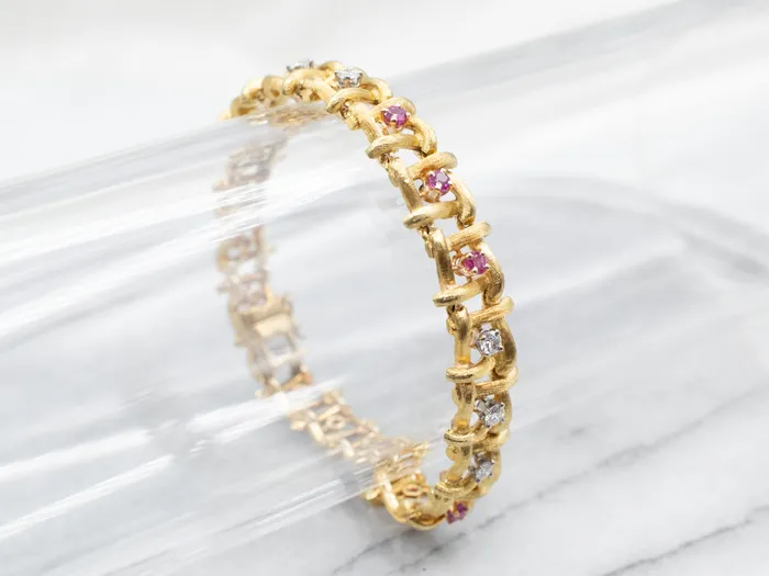 Textured Gold Ruby and Diamond Link Bracelet Market Square Jewelers Bracelets Textured Gold Ruby and Diamond Link Bracelet Market Square Jewelers Bracelets