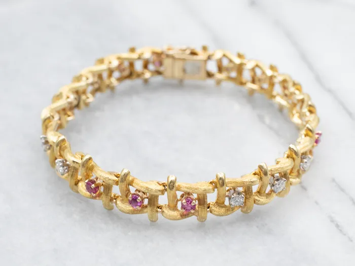 Textured Gold Ruby and Diamond Link Bracelet Market Square Jewelers Bracelets