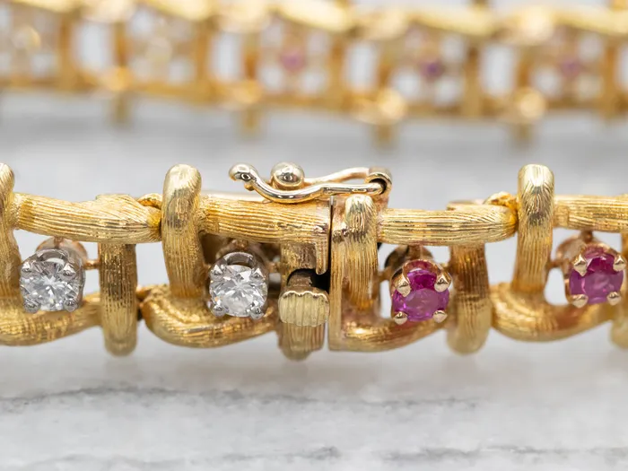 Textured Gold Ruby and Diamond Link Bracelet Market Square Jewelers Bracelets