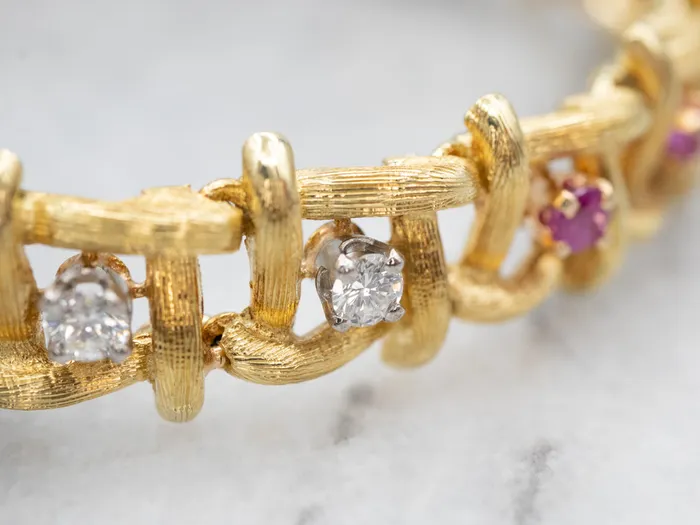 Textured Gold Ruby and Diamond Link Bracelet Market Square Jewelers Bracelets