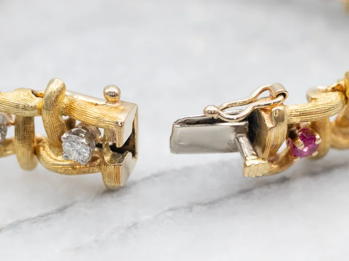 Textured Gold Ruby and Diamond Link Bracelet Market Square Jewelers Bracelets