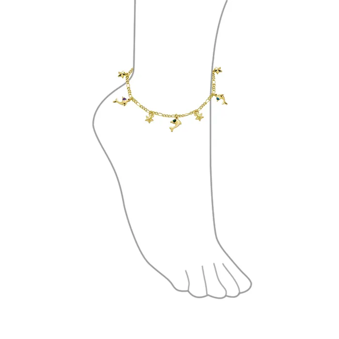 Tropical Nautical Stars Dolphin Charm Anklet Ankle Bracelet 18K Gold 10 Inch BlingJewelry Wholesale Bracelets