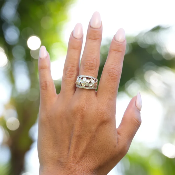 Hawaiian Heirloom Plumeria Ring in White Gold with Diamonds 13mm Maui Divers Jewelry Rings