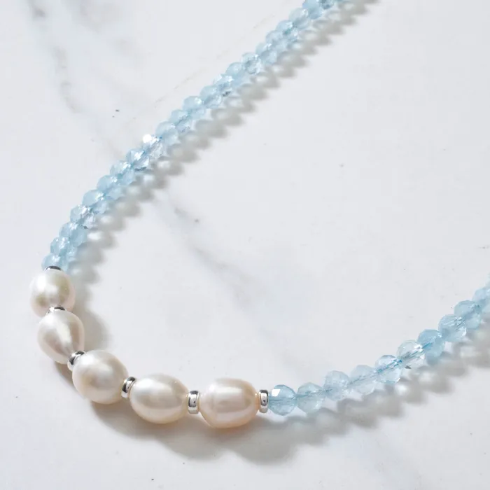 KALIFANO Necklaces 4mm Faceted Aquamarine Bead Necklace with 5 Pearls with 925 Silver Clasp KALIFANO Necklaces 4mm Faceted Aquamarine Bead Necklace with 5 Pearls with 925 Silver Clasp