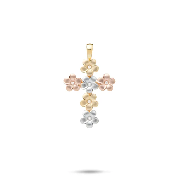 Maui Divers Jewelry Necklaces Plumeria Cross Pendant with Diamonds in Tri Color Gold 25mm Maui Divers Jewelry Necklaces Plumeria Cross Pendant with Diamonds in Tri Color Gold 25mm