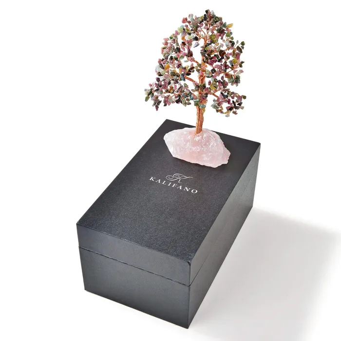 Necklaces Kalifano Tourmaline Tree of Life on Rose Quartz Base with 414 Natural Gemstones
