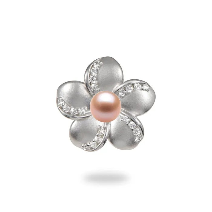 Pick A Pearl Plumeria Pendant in Sterling Silver with Cubic Zirconia 20mm PickAPearl Necklaces