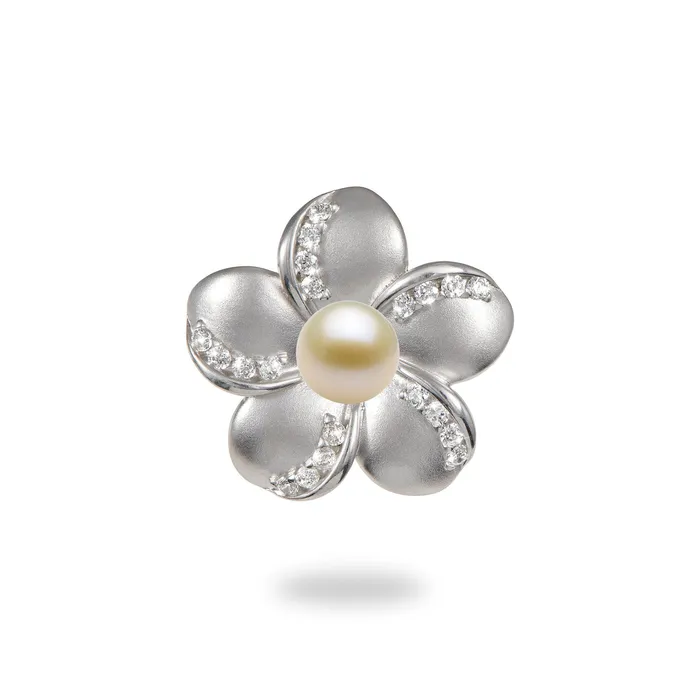 Pick A Pearl Plumeria Pendant in Sterling Silver with Cubic Zirconia 20mm PickAPearl Necklaces