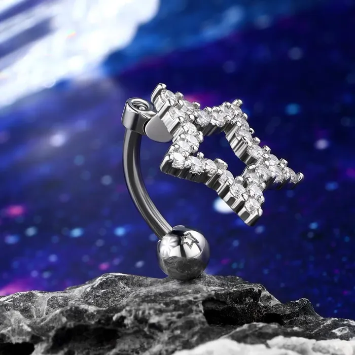 Rings OUFER BODY JEWELRY 14G Star Shape Clear CZ Reverse Dangle Belly Ring