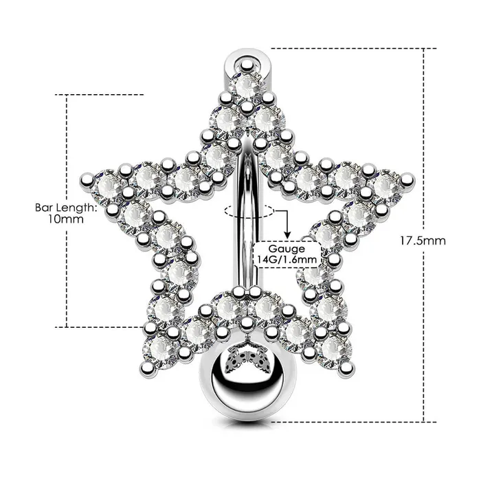 Rings OUFER BODY JEWELRY 14G Star Shape Clear CZ Reverse Dangle Belly Ring